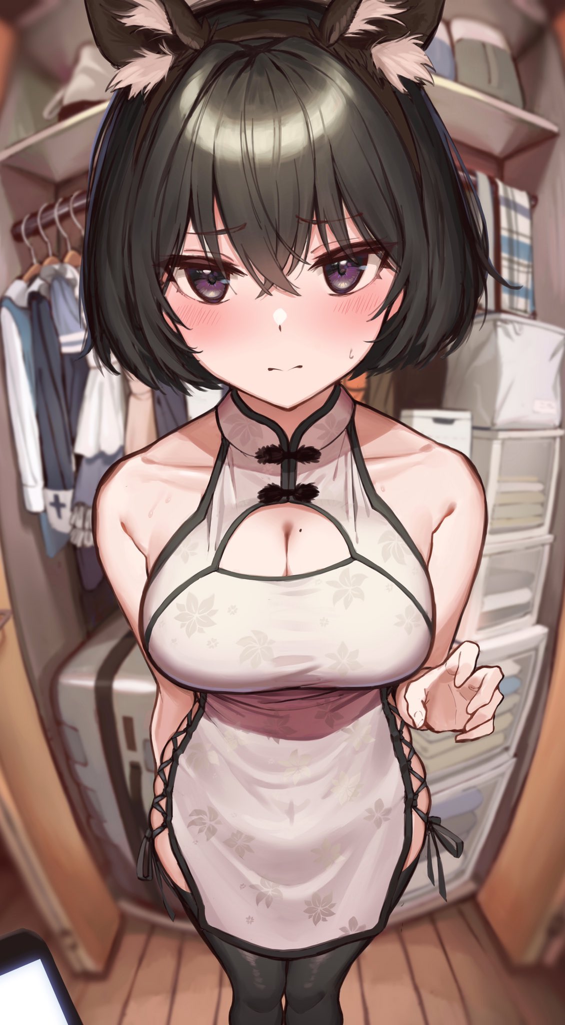 1girl animal_ear_fluff animal_ears bangs bare_arms bare_shoulders black_hair black_hairband black_legwear blurry blurry_background blush box breasts cat_ears china_dress chinese_clothes claw_pose cleavage_cutout clothes_hanger clothing_cutout collarbone commentary_request dress eyebrows_visible_through_hair eyes_visible_through_hair fake_animal_ears fisheye hair_between_eyes hairband highres indoors looking_at_viewer medium_breasts mole mole_on_breast original shirokuma_1231 short_hair side_slit solo sweatdrop thigh-highs violet_eyes wooden_floor
