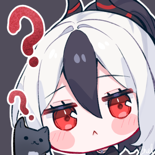1girl :&lt; ? animal bangs black_cat black_hair blue_archive blush_stickers cat cheli_(kso1564) chibi closed_mouth commentary_request eyebrows_visible_through_hair grey_background hair_between_eyes horns kayoko_(blue_archive) lowres multicolored_hair ponytail red_eyes simple_background solo two-tone_hair upper_body white_hair