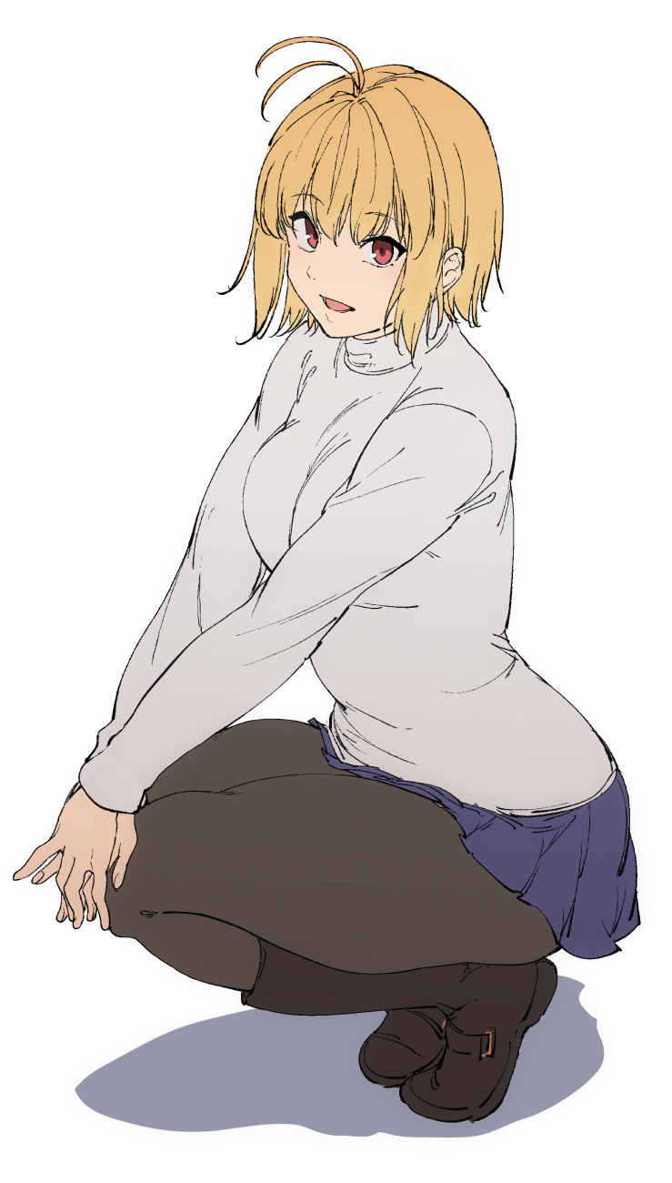 1girl :d ahoge alp arcueid_brunestud bangs black_legwear blonde_hair boots breasts eyebrows_visible_through_hair full_body highres long_sleeves looking_at_viewer medium_breasts open_mouth panties pantyhose pantyshot red_eyes short_hair skirt smile solo sweater tsukihime tsukihime_(remake) turtleneck underwear