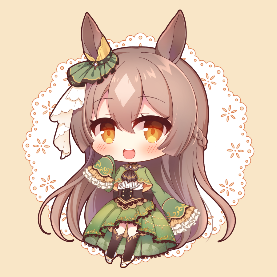1girl :d animal_ears bangs black_legwear blush boots braid brown_background brown_eyes brown_hair center_frills chibi commentary_request doily eyebrows_visible_through_hair frilled_sleeves frills full_body green_jacket green_skirt hair_between_eyes horse_ears jacket long_hair long_sleeves looking_at_viewer multicolored_hair pleated_skirt satono_diamond_(umamusume) shirt skirt sleeves_past_fingers sleeves_past_wrists smile solo teeth thigh-highs thighhighs_under_boots two-tone_hair umamusume upper_teeth very_long_hair white_footwear white_shirt yukiyuki_441