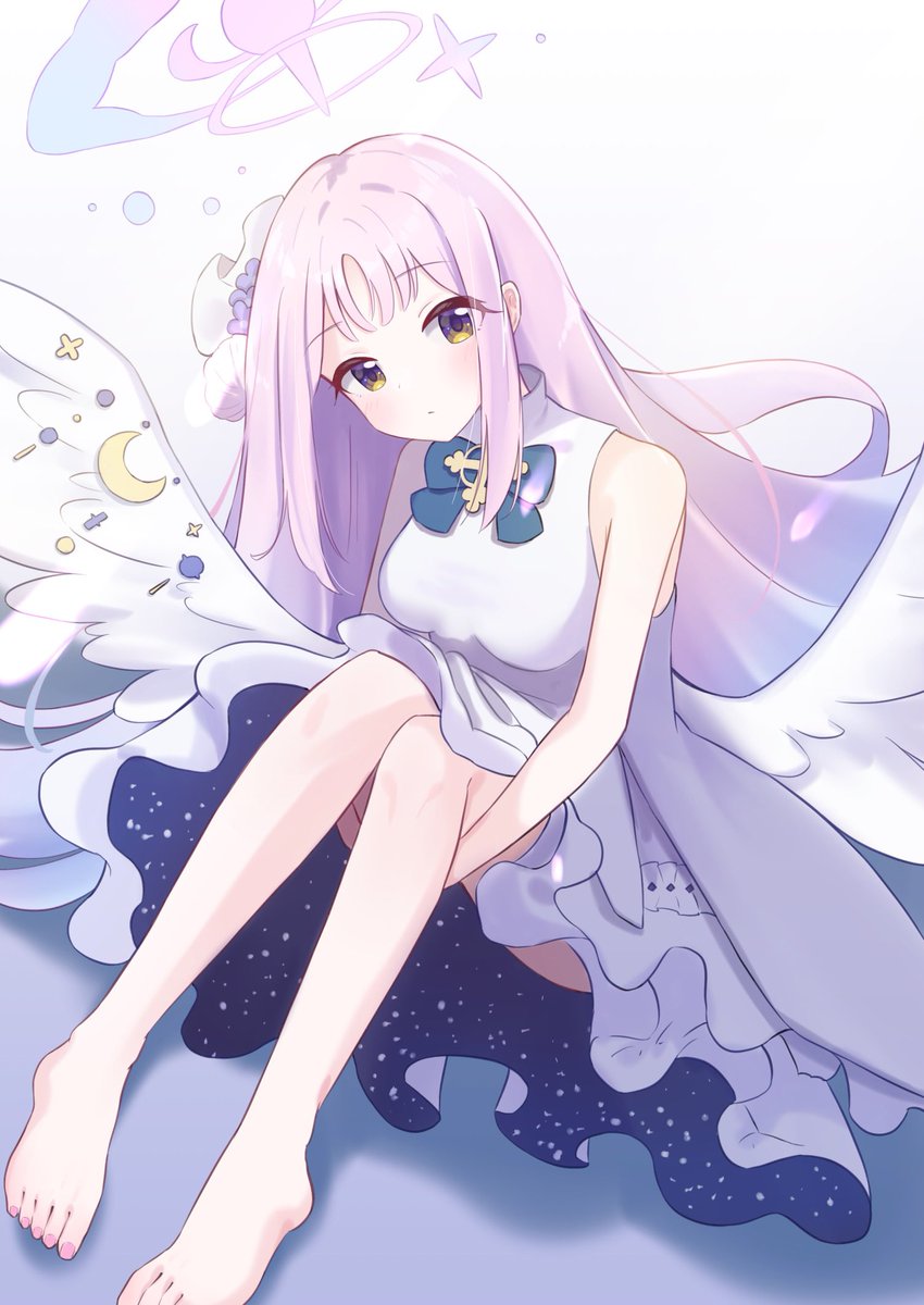 1girl angel_wings bare_legs bare_shoulders barefoot blue_archive crescent dress feathered_wings flower hair_flower hair_ornament halo highres hugging_own_legs mika_(blue_archive) mugenmarine no_capelet no_legwear pink_hair sleeveless solo toenails toes white_dress wings