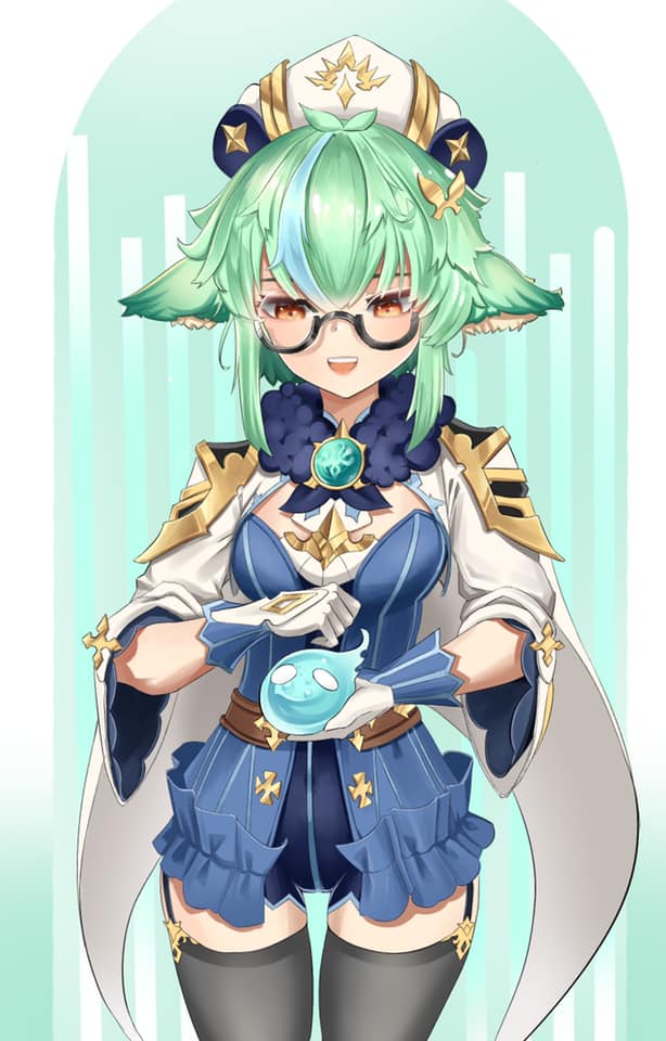 1girl :d animal_ears bangs black_legwear brown_eyes cape cat_ears commentary_request eyebrows_visible_through_hair garter_straps genshin_impact glasses gloves green_hair hair_between_eyes hair_ornament hat long_hair long_sleeves looking_down low_ponytail pang-yo semi-rimless_eyewear sidelocks slime_(genshin_impact) smile sucrose_(genshin_impact) thigh-highs vision_(genshin_impact) white_gloves wide_sleeves zettai_ryouiki