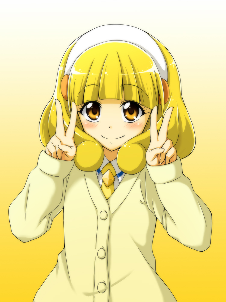 1girl bangs blonde_hair blunt_bangs cardigan closed_mouth commentary_request double_v dress_shirt eyebrows_visible_through_hair gradient gradient_background hairband kise_yayoi long_sleeves looking_at_viewer medium_hair nagomiya_(shousha) nanairogaoka_middle_school_uniform necktie partial_commentary precure school_uniform shirt smile smile_precure! solo upper_body v white_hairband white_shirt wing_collar yellow_background yellow_cardigan yellow_eyes yellow_necktie