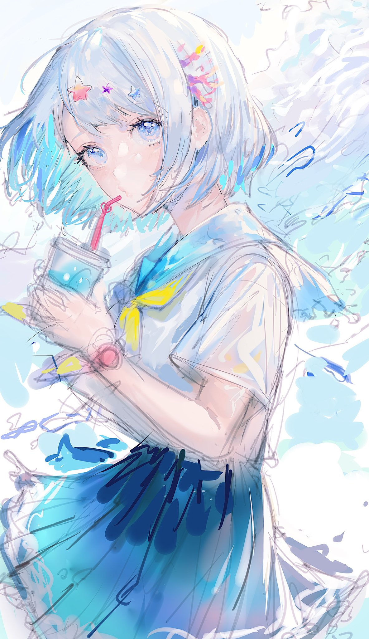1girl blue_eyes blue_hair blue_sailor_collar blue_skirt colored_inner_hair commentary_request cowboy_shot drink drinking_straw_in_mouth hair_ornament hand_up highres holding holding_drink looking_at_viewer multicolored_hair original pleated_skirt sailor_collar school_uniform serafuku shirt short_hair short_sleeves skirt solo star_(symbol) star_hair_ornament tsukiiro watch watch white_hair white_shirt