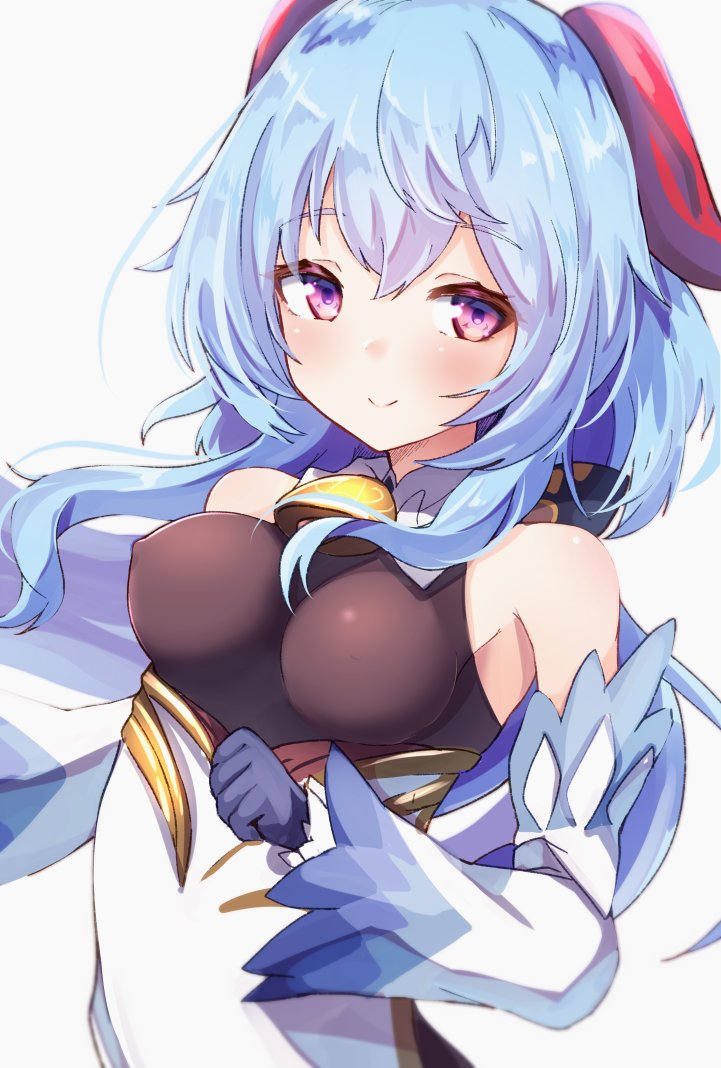 1girl bangs baram bare_shoulders bell blue_gloves blue_hair blush breasts covered_nipples detached_sleeves eyebrows_visible_through_hair ganyu_(genshin_impact) genshin_impact gloves gold_trim horns long_hair looking_at_viewer medium_breasts neck_bell sidelocks smile solo standing upper_body violet_eyes white_background white_sleeves