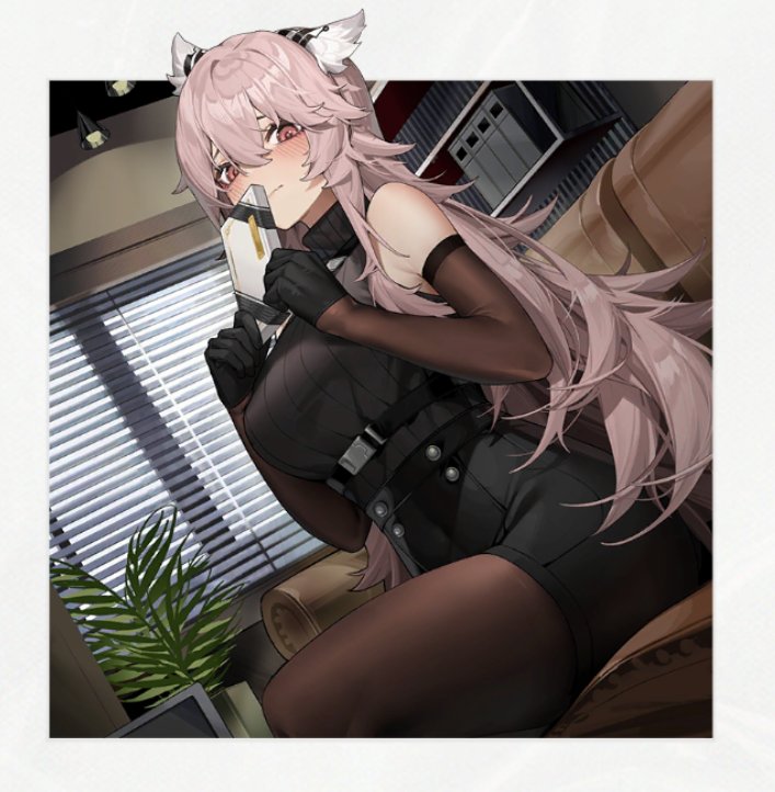 1girl animal_ears blush box box_of_chocolates breasts cabinet cat_ears cat_girl chocolint commentary_request couch file file_cabinet girls'_frontline_neural_cloud girls_frontline large_breasts long_hair pantyhose persica_(girls'_frontline) persicaria_(girls'_frontline_nc) pink_hair plant potted_plant red_eyes solo