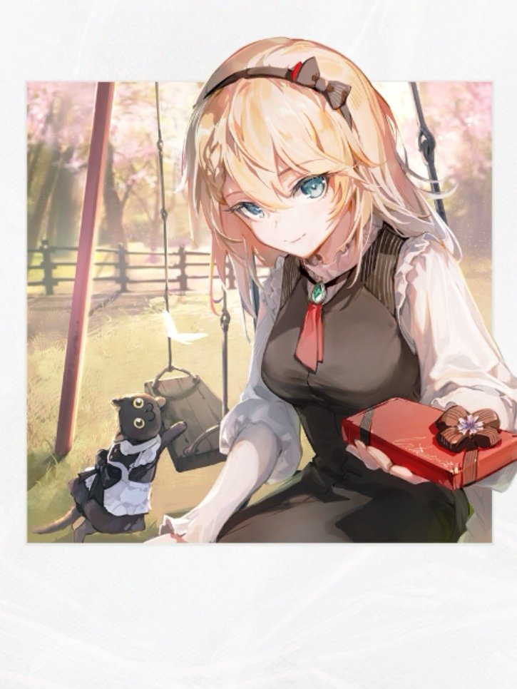 1girl 1other black_cat blonde_hair blue_eyes candy cat chocolate chocolate_bar commentary_request cosplay food g36_(girls'_frontline) girls'_frontline_neural_cloud girls_frontline hairband looking_at_viewer maid official_art shuzi swing_set third-party_source