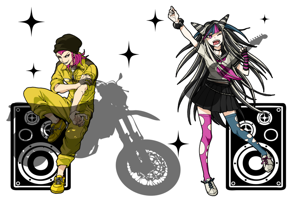 1boy 1girl arm_up asymmetrical_legwear bangs black_hair black_headwear black_sailor_collar black_skirt blue_hair danganronpa_(series) danganronpa_2:_goodbye_despair dosugon ground_vehicle guitar hair_horns instrument jewelry jumpsuit long_hair medium_hair mioda_ibuki mismatched_legwear motor_vehicle motorcycle multicolored_hair neckerchief necklace one_eye_closed open_mouth piercing pink_eyes pink_hair pink_neckerchief pleated_skirt sailor_collar scar school_uniform scrunchie serafuku shirt sitting skirt smile souda_kazuichi stitches thigh-highs tongue tongue_out torn_clothes torn_legwear white_background white_hair white_shirt wrist_scrunchie yellow_footwear yellow_jumpsuit