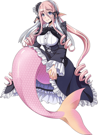 1girl artist_request blue_eyes breasts drill_hair eyebrows_visible_through_hair full_body head_fins large_breasts long_hair maid_headdress mermaid meroune_lorelei monster_girl monster_musume_no_iru_nichijou monster_musume_no_iru_nichijou_online official_art pink_hair pointy_ears scales solo transparent_background very_long_hair webbed_hands