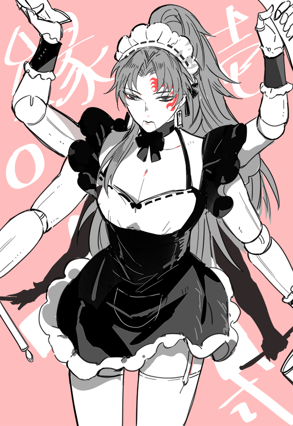 1boy amore1989 arms_up choker cowboy_shot dress earrings extra_arms facial_mark garter_straps holding jewelry joints kimetsu_no_yaiba long_hair maid_headdress male_focus multiple_wielding objectification ponytail red_background ribbon_trim robot_joints solo spot_color thigh-highs tsugikuni_yoriichi