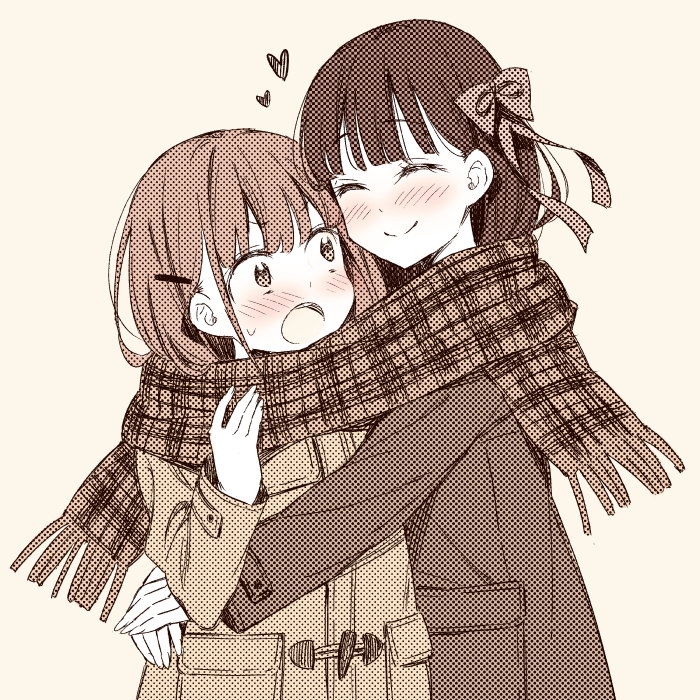 ^_^ amae_sasete_hinamori-san! blush bow character_request closed_eyes coat dithering hair_bow hair_ornament hairclip hand_up heart hug limited_palette long_hair open_mouth scarf shared_scarf simple_background smile sweatdrop tsuke_(maholabo) upper_body winter_clothes yuri