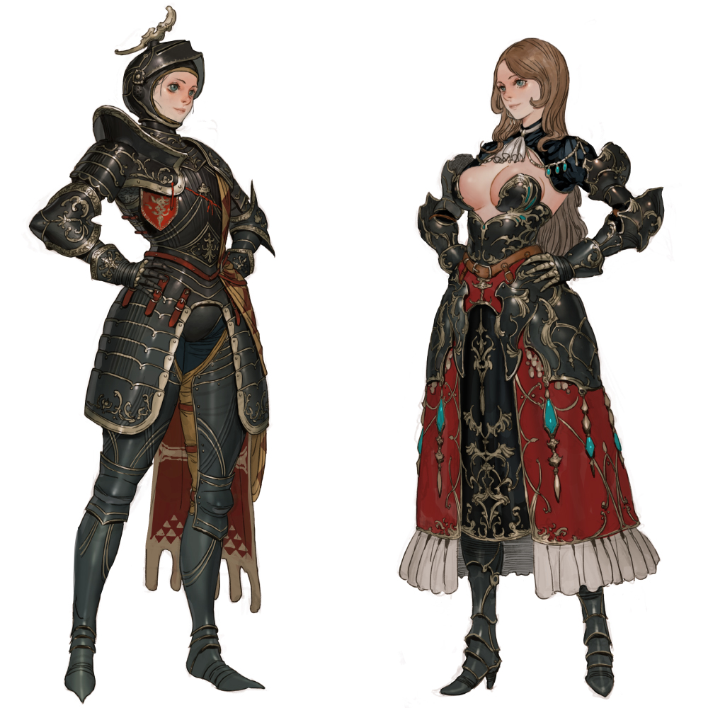 2girls armor armored_boots ascot bangs boots breasts brown_hair copyright_request full_armor full_body gauntlets grey_ascot grey_background hands_on_hips helm helmet high_heels large_breasts long_hair looking_at_another multiple_girls shoulder_armor simple_background smile tahra visor_(armor)