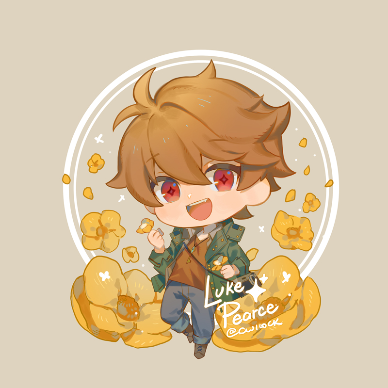 1boy :d bangs blue_pants brown_background brown_eyes brown_hair character_name chibi cwilocky flower full_body green_jacket jacket jewelry key long_sleeves looking_at_viewer luke_pearce_(tears_of_themis) necklace open_mouth pants shirt short_hair simple_background smile solo tears_of_themis yellow_flower yellow_shirt