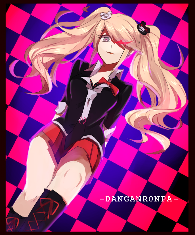 1girl aoki_shizumi bangs bear_hair_ornament black_background black_border black_footwear black_necktie black_shirt boots border bow breasts copyright_name danganronpa:_trigger_happy_havoc danganronpa_(series) enoshima_junko grey_necktie hair_ornament knee_boots long_hair looking_at_viewer medium_breasts miniskirt necktie parted_lips pink_background pleated_skirt red_bow red_skirt shiny shiny_hair shirt skirt solo twintails