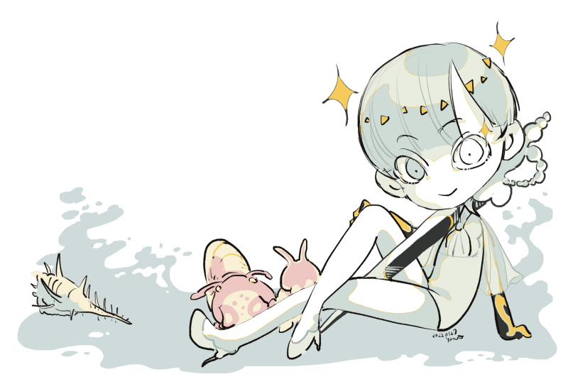 1other arm_at_side arm_support bangs blunt_bangs bowl_cut carrying_over_shoulder chibi crossed_legs full_body heterochromia high_heels houseki_no_kuni outstretched_arm outstretched_leg pale_color phosphophyllite phosphophyllite_(ll) seashell see-through see-through_sleeves shell short_hair sitting smile snail solo sparkle sword weapon white_background yawo