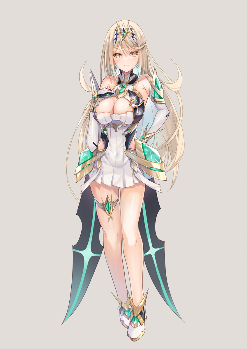 1girl bangs bare_shoulders blonde_hair breasts commentary_request dress earrings elbow_gloves full_body gem gloves headpiece highres inoue_takuya_(tactactak) jewelry long_hair looking_at_viewer mythra_(xenoblade) solo standing swept_bangs tiara very_long_hair xenoblade_chronicles_(series) xenoblade_chronicles_2 yellow_eyes