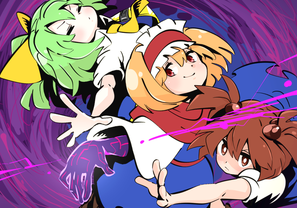 3girls alice_margatroid ascot bangs blonde_hair blue_dress blush bois_de_justice bow bright_pupils closed_eyes closed_mouth colored_skin commentary_request cookie_(touhou) daiyousei dies_irae diyusi_(cookie) dress feet_out_of_frame frown gram_9 green_hair hair_between_eyes hair_bobbles hair_bow hair_ornament hairband hinase_(cookie) looking_at_viewer medium_hair multiple_girls onozuka_komachi purple_background reaching_out red_eyes red_hairband red_sash redhead sash shaded_face shinza_bansho_series shirt shishou_(cookie) short_hair smile touhou two_side_up white_pupils white_shirt white_skin yellow_ascot yellow_bow