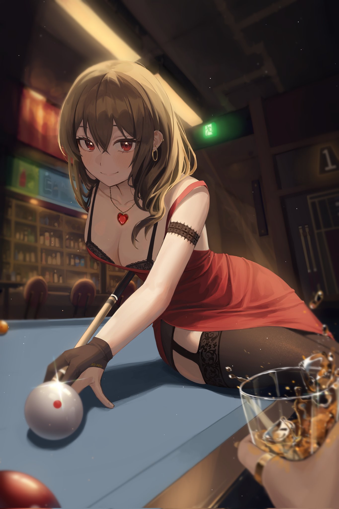 bar billiards black_legwear black_panties blush bra breasts brown_hair collarbone copyright_request cue_stick dress earrings highres jewelry kongsi lace lace-trimmed_legwear lace_bra lace_trim large_breasts long_hair panties pendant pool_table red_dress red_eyes sitting strapless strapless_dress thigh-highs underwear