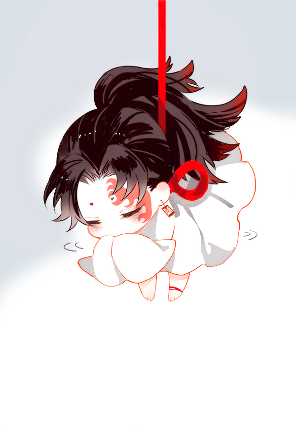 1boy amore1989 ankle_ribbon baby barefoot bound chibi closed_eyes earrings facial_mark hanging jewelry kimetsu_no_yaiba long_hair male_focus ponytail ribbon short_eyebrows sleeves_past_fingers sleeves_past_wrists solo teruterubouzu tied_up_(nonsexual) tsugikuni_yoriichi very_long_sleeves white_background