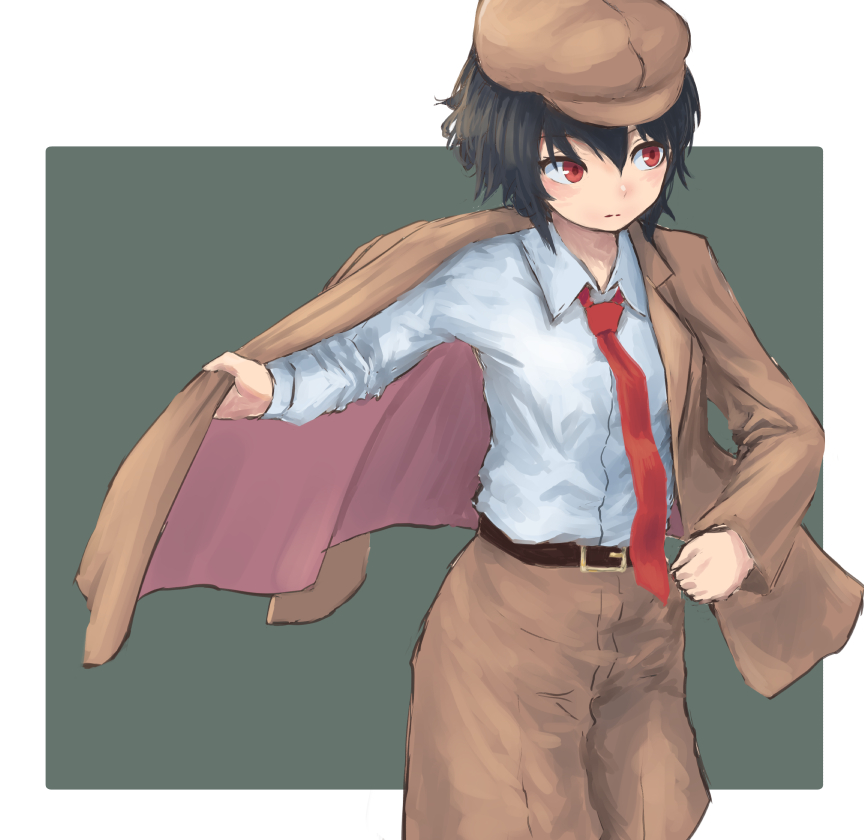 1girl adjusting_clothes belt black_hair border breasts brown_belt brown_headwear brown_jacket brown_shorts cabbie_hat clip_studio_paint_(medium) collared_shirt commentary_request cowboy_shot flat_cap green_background hat jacket long_sleeves necktie no_wings red_eyes red_necktie roke_(taikodon) shameimaru_aya shameimaru_aya_(newsboy) shirt short_hair shorts small_breasts suit_jacket touhou white_border white_shirt
