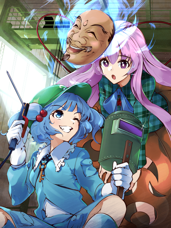 13-gou 1girl bangs blue_bow blue_bowtie blue_eyes blue_hair blue_shirt blue_skirt boots bow bowtie breasts bubble_skirt collared_shirt commentary_request flat_cap frilled_shirt_collar frills gloves green_headwear grin hair_bobbles hair_ornament hat hata_no_kokoro indian_style kappa kawashiro_nitori key long_hair long_sleeves mask medium_breasts medium_hair one_eye_closed orange_skirt plaid plaid_shirt purple_hair rubber_boots shirt short_twintails sitting skirt skirt_set smile touhou twintails two_side_up very_long_hair violet_eyes welding welding_mask welding_torch white_gloves youkai
