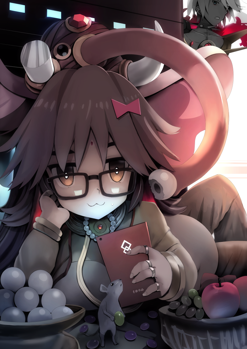 1boy 1girl apple bangs bindi black-framed_eyewear bow bowl bracelet breasts brown_eyes brown_hair cellphone elephant_hat fate/grand_order fate_(series) food fruit ganesha_(fate) glasses grapes hair_bow holding holding_phone jewelry jinako_carigiri karna_(fate) large_breasts long_hair mouse phone plump ring smile solo_focus tranquillianusmajor white_hair