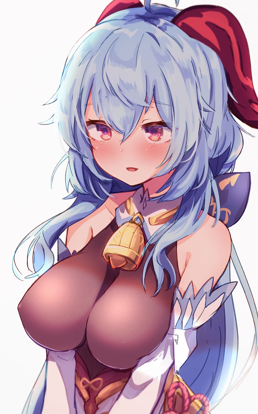 1girl ahoge bangs baram bare_shoulders bell blue_hair blush bow breast_squeeze breasts chinese_knot covered_nipples detached_sleeves eyebrows_visible_through_hair flower_knot ganyu_(genshin_impact) genshin_impact gold_trim highres horns large_breasts long_hair looking_at_viewer neck_bell parted_lips sidelocks smile solo upper_body violet_eyes white_background white_sleeves