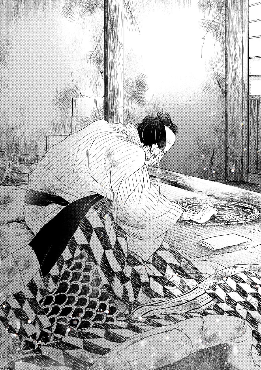 1boy arm_support blanket covered_face covering_face cracked_wall crying dirty dirty_face extra facing_away futon greyscale hand_on_own_face highres holding holding_rope imminent_suicide indoors japanese_clothes kimetsu_no_yaiba kimono letterboxed long_sleeves male_focus mintiaorion monochrome on_bed rope sash sitting skinny solo tatami topknot under_covers wide_sleeves