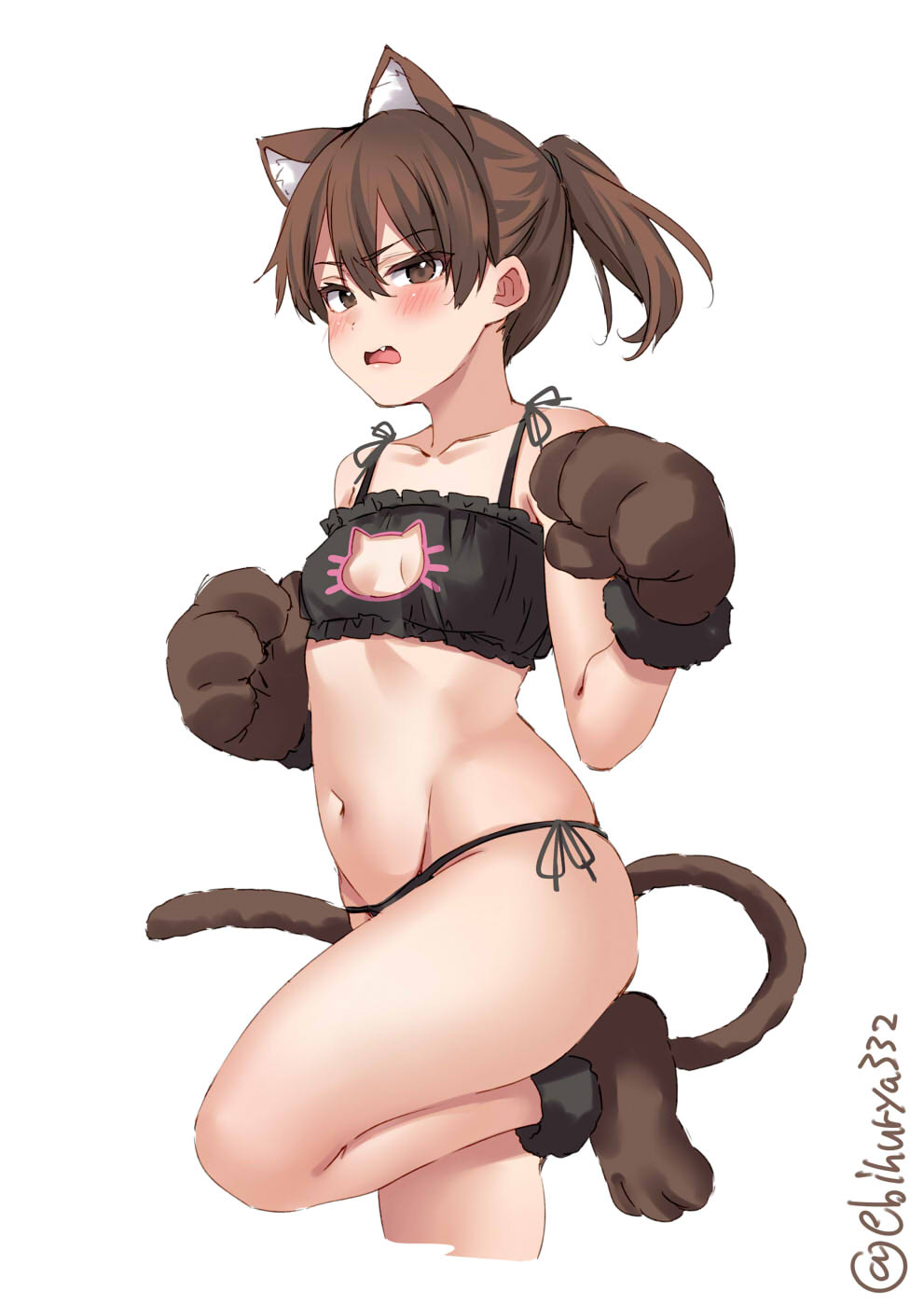 1girl animal_ears animal_hands bare_shoulders black_panties blush breasts brown_eyes brown_hair cat_cutout cat_ears cat_tail clothing_cutout collarbone ebifurya eyebrows_visible_through_hair fang gloves hair_between_eyes highres kantai_collection long_hair looking_at_viewer navel one-hour_drawing_challenge open_mouth panties paw_gloves paw_shoes ponytail shikinami_(kancolle) side-tie_panties simple_background small_breasts tail twitter_username underwear