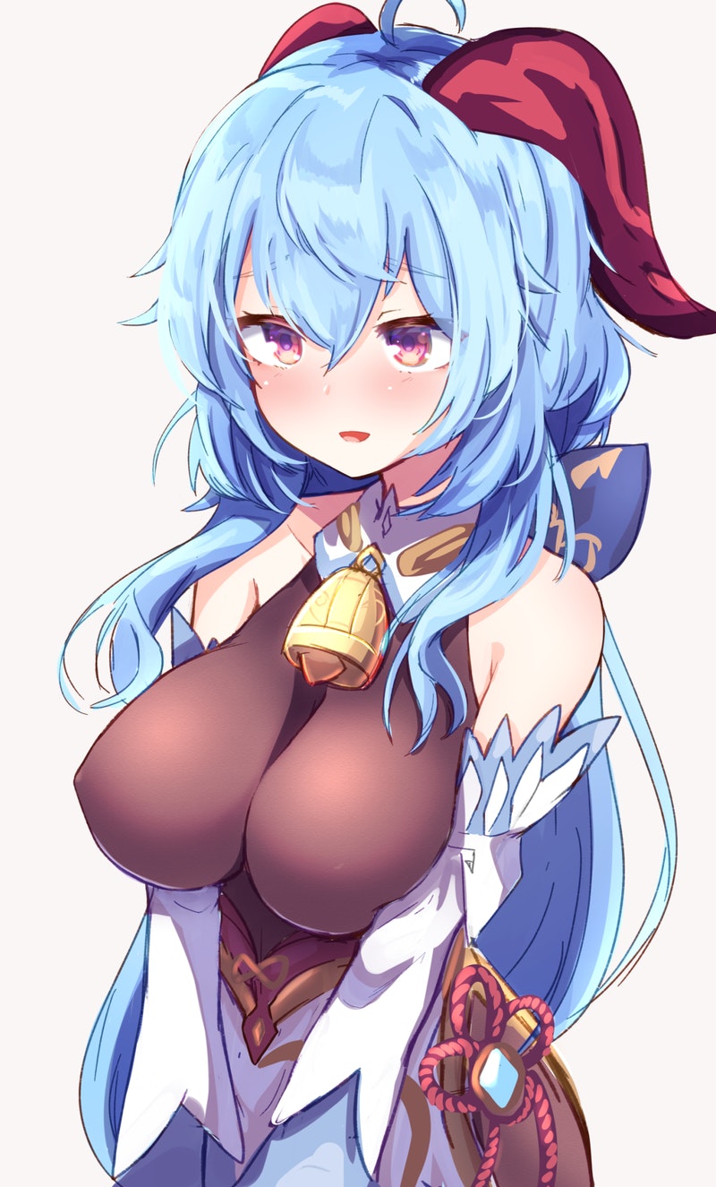 1girl ahoge bangs baram bare_shoulders bell blue_hair blush bow breast_squeeze breasts chinese_knot covered_nipples detached_sleeves eyebrows_visible_through_hair flower_knot ganyu_(genshin_impact) genshin_impact gold_trim highres horns large_breasts long_hair looking_at_viewer neck_bell parted_lips sidelocks smile solo upper_body violet_eyes vision_(genshin_impact) white_background white_sleeves