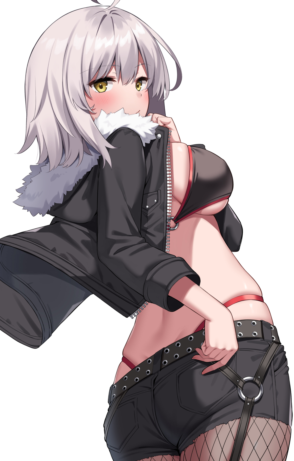 1girl ahoge ass bangs bikini black_bikini black_jacket black_shorts blush breasts fate/grand_order fate_(series) fishnet_legwear fishnets fur-trimmed_jacket fur_trim highres jacket jeanne_d'arc_(alter_swimsuit_berserker)_(fate) jeanne_d'arc_(fate) large_breasts long_sleeves looking_at_viewer looking_back open_clothes open_jacket short_hair shorts silver_hair solo suiroh_(shideoukami) swimsuit thighs yellow_eyes