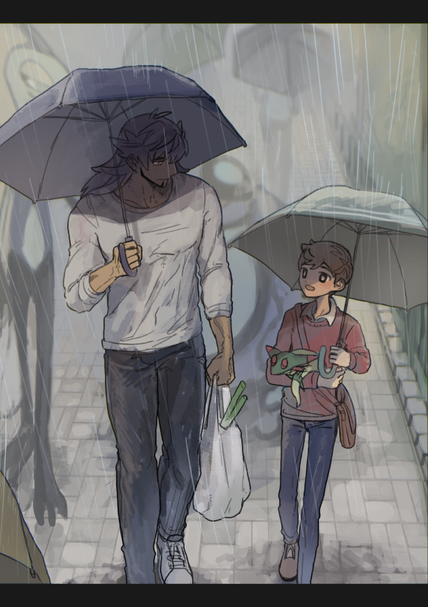 2boys age_difference bag commentary_request dark-skinned_male dark_skin denim dreepy holding holding_umbrella jeans leon_(pokemon) looking_at_another male_focus mmm3sushi multiple_boys muscular muscular_male onii-shota outdoors pants pokemon pokemon_(creature) pokemon_(game) pokemon_swsh rain shopping_bag short_hair umbrella victor_(pokemon)
