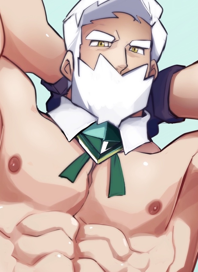 1boy abs arms_behind_head beard commentary detached_collar drayden_(pokemon) facial_hair gloves green_ribbon idoraad looking_at_viewer male_focus muscular muscular_male neck_ribbon nipples pectorals pokemon pokemon_(game) pokemon_bw purple_gloves ribbon short_hair solo upper_body white_hair yellow_eyes