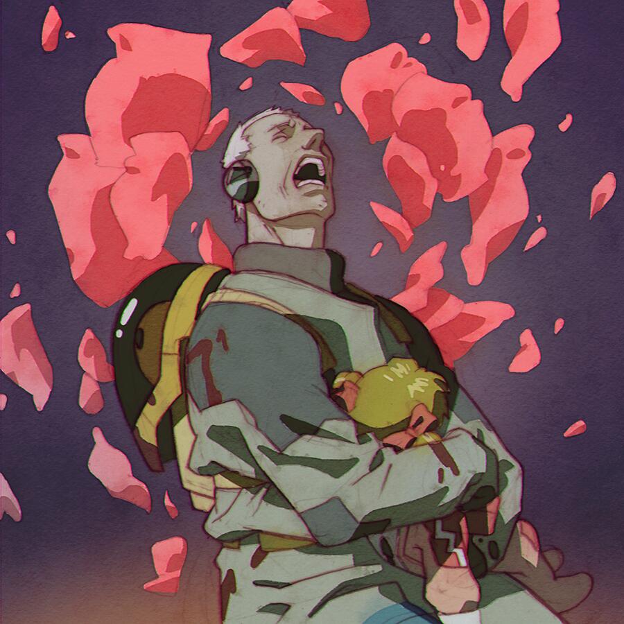 1boy 1girl blonde_hair blood bow child closed_eyes commentary ear_covers hair_bow heintz_(memories) ilya_kuvshinov magnetic_rose memories_(animated_movie) open_mouth petals rose_petals screaming short_hair simple_background spacesuit white_hair