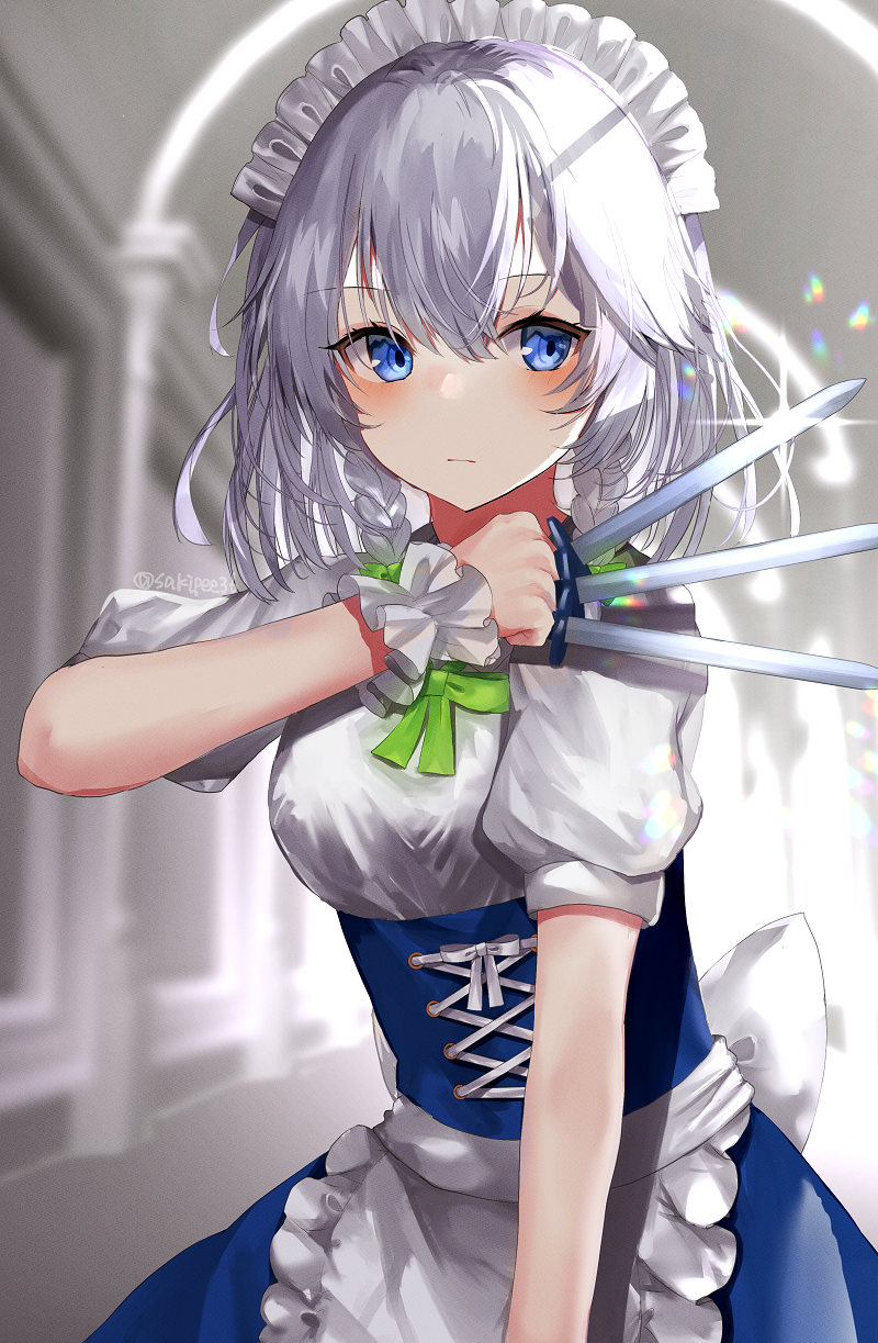 1girl apron arm_up artist_name between_fingers blue_dress blue_eyes blurry blurry_background blush braid breasts closed_mouth corset cowboy_shot dress expressionless eyebrows_visible_through_hair green_ribbon hair_between_eyes highres indoors izayoi_sakuya knife long_hair looking_to_the_side medium_breasts puffy_short_sleeves puffy_sleeves ribbon sakizaki_saki-p short_sleeves silver_hair solo throwing_knife touhou twin_braids waist_apron weapon white_apron wrist_cuffs