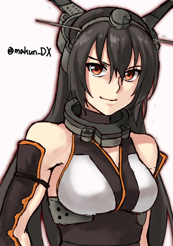 1girl black_gloves black_hair breasts elbow_gloves gauntlets gloves headgear kantai_collection long_hair looking_at_viewer makun_dx medium_breasts nagato_(kancolle) one-hour_drawing_challenge simple_background sleeveless solo twitter_username upper_body white_background