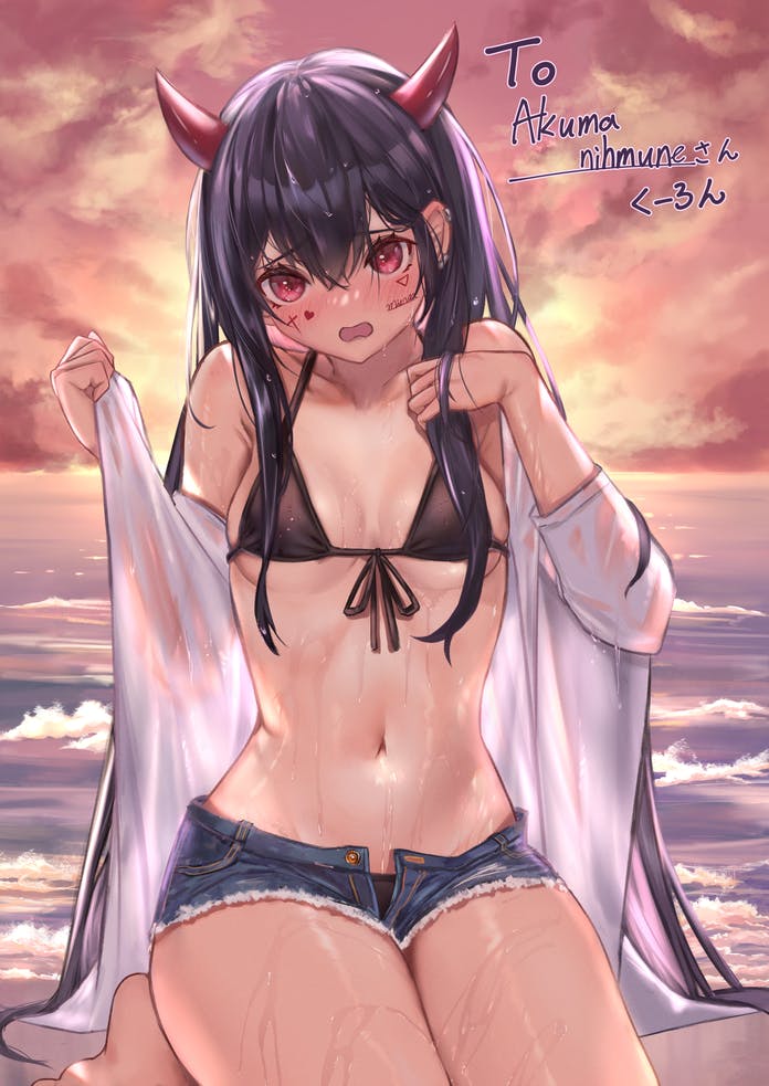 1girl akuma_nihmune arenoyoni bangs beach bikini black_bikini blue_shorts blush breasts breasts_apart clouds cloudy_sky commission demon_girl demon_horns denim denim_shorts ear_piercing embarrassed foaming_waves front-tie_bikini front-tie_top hair_between_eyes hands_up horizon horns indie_virtual_youtuber looking_at_viewer medium_breasts navel ocean off_shoulder open_clothes open_fly open_mouth open_shorts outdoors piercing purple_hair red_eyes seiza shirt short_shorts shorts sitting skeb_commission sky solo stomach sunset swimsuit virtual_youtuber water wet white_shirt