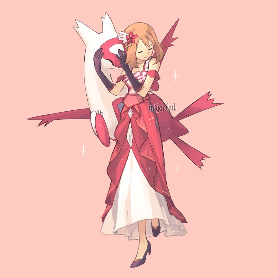 1girl bangs bare_shoulders brown_hair closed_eyes closed_mouth dress eyelashes flower gloves hair_flower hair_ornament hands_up high_heels latias leg_up may_(pokemon) medium_hair miyaulait official_alternate_costume pink_background pokemon pokemon_(game) pokemon_masters_ex red_dress red_flower signature simple_background smile sparkle standing watermark