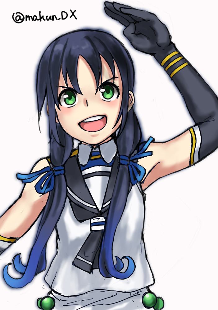 1girl black_gloves black_hair black_sailor_collar blue_hair elbow_gloves gloves gradient_hair green_eyes kantai_collection long_hair looking_at_viewer low_twintails makun_dx multicolored_hair one-hour_drawing_challenge ribbon sailor_collar school_uniform serafuku shirt simple_background sleeveless sleeveless_shirt solo suzukaze_(kancolle) twintails twitter_username upper_body white_background