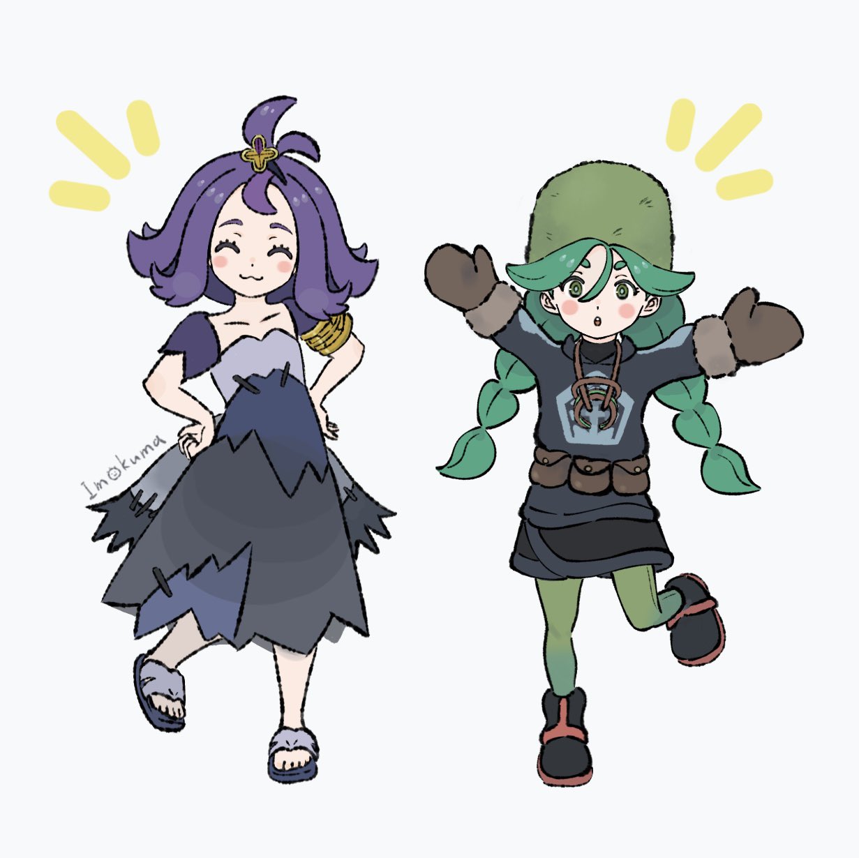 2girls :3 :o acerola_(pokemon) armlet bangs black_footwear blush_stickers boots braid bright_pupils brown_mittens closed_eyes closed_mouth commentary_request dress flip-flops flipped_hair full_body fur_hat green_eyes green_headwear green_legwear grey_dress grey_jacket hair_between_eyes hair_ornament hairclip hands_on_hips hat highres imokuma jacket leg_up long_sleeves medium_hair multicolored_clothes multicolored_dress multiple_girls notice_lines pantyhose pokemon pokemon_(game) pokemon_legends:_arceus pokemon_sm purple_hair sabi_(pokemon) sandals short_sleeves skirt smile stitches toes topknot torn_clothes torn_dress twin_braids twintails white_background