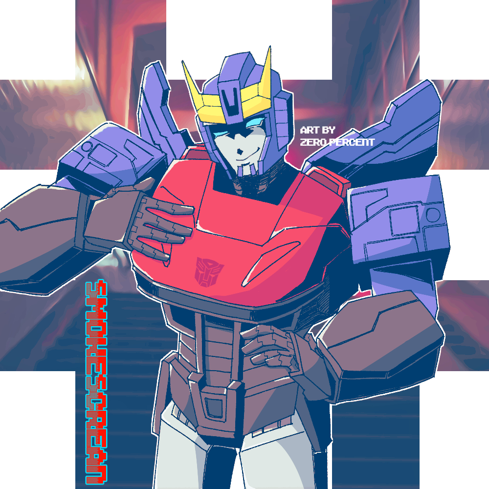 1boy armor autobot black_armor blue_eyes blue_wings car character_name cropped_legs datsun english_commentary entrance ground_vehicle hand_on_own_chest mecha motor_vehicle red_armor science_fiction smokescreen_(transformers) stairs the_transformers_(idw) transformers wings yellow_horns zeropercenter