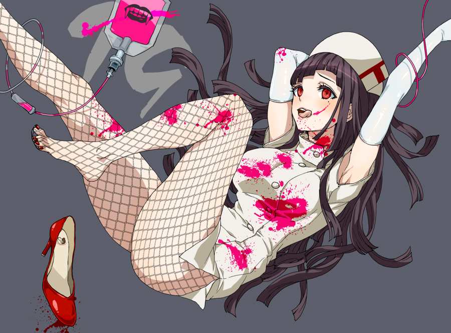 1girl bandages bangs black_hair blood blood_bag breasts danganronpa_(series) danganronpa_2:_goodbye_despair dosugon elbow_gloves fishnet_legwear fishnets foot_out_of_frame gloves grey_background hat high_heels large_breasts long_hair mole mole_under_eye monokuma nurse nurse_cap open_mouth pink_blood red_eyes red_footwear short_sleeves simple_background solo tongue tongue_out tsumiki_mikan white_gloves