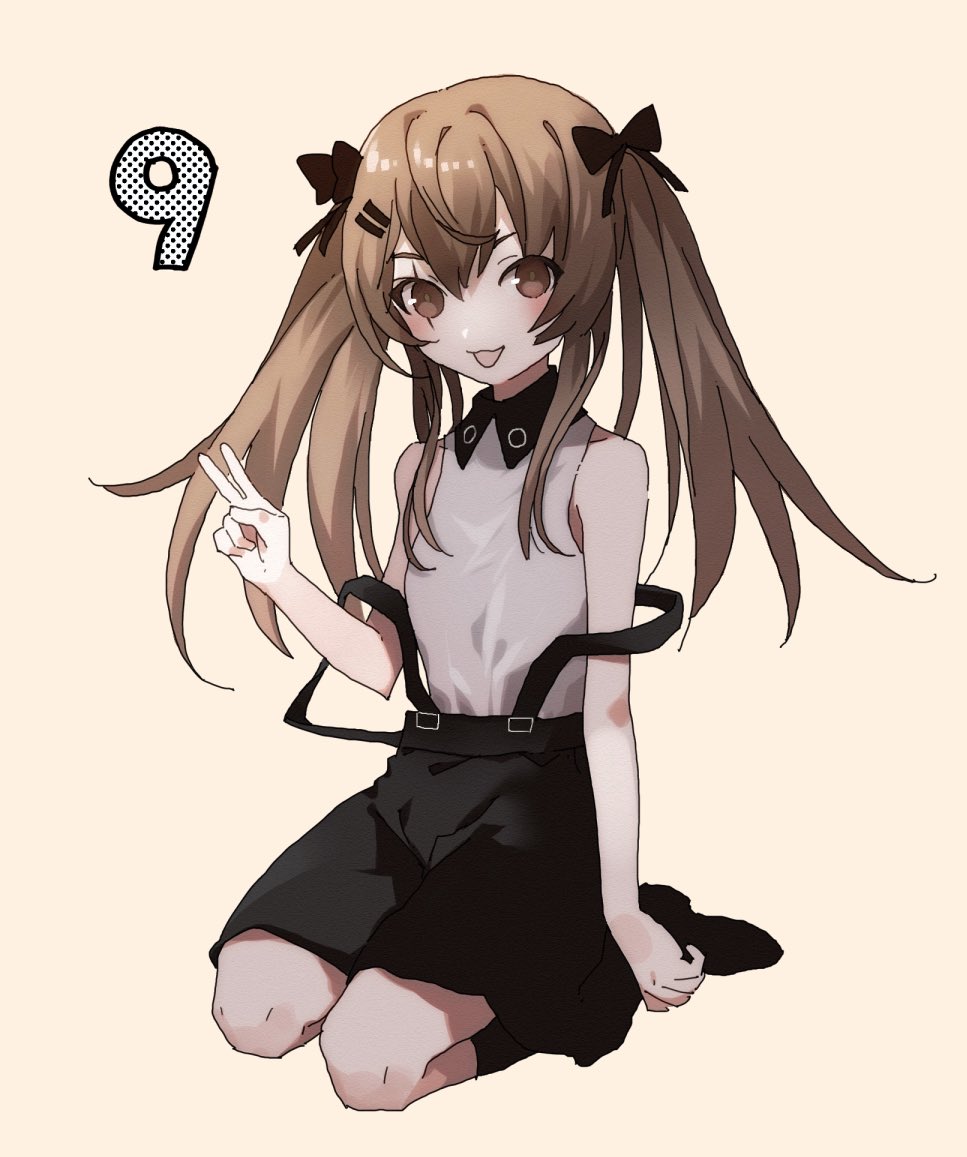 1girl bangs blush bow brown_eyes brown_hair fuco full_body girls_frontline hair_between_eyes hair_bow hair_ornament long_hair looking_at_viewer official_alternate_costume open_mouth scar scar_across_eye scar_on_face shirt simple_background sitting sleeveless smile solo suspenders twintails ump9_(girls'_frontline) ump9_(shiba_investigator)_(girls'_frontline) v white_shirt younger