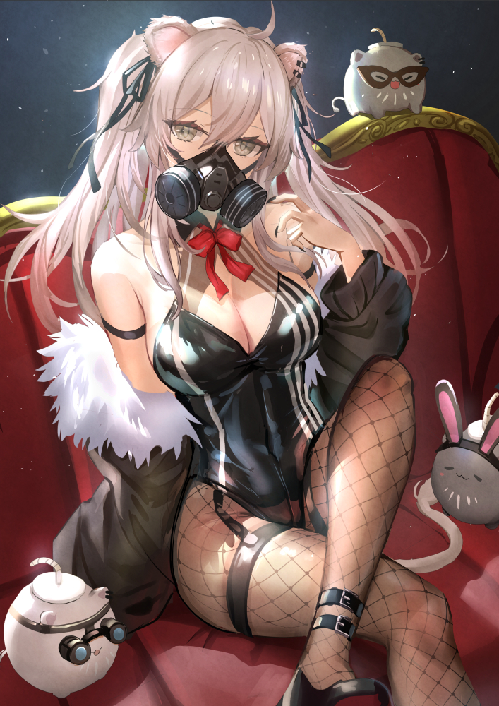 1girl ahoge bangs black_leotard black_nails black_ribbon bow bowtie breasts brown_jacket brown_legwear couch crossed_legs ear_piercing fingernails fishnet_legwear fishnets fur-trimmed_jacket fur_trim grey_eyes hair_between_eyes hair_ribbon hololive jacket large_breasts leotard lion_tail long_fingernails long_hair long_sleeves mask nail_polish off_shoulder on_couch open_clothes open_jacket pantyhose piercing qian_wu_atai red_bow red_bowtie respirator ribbon shishiro_botan shoes silver_hair sitting solo ssrb strapless strapless_leotard tail two_side_up virtual_youtuber