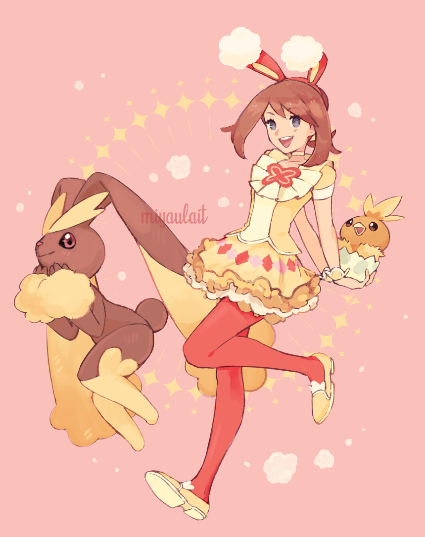 1girl :d alternate_color bangs bow_hairband brown_hair choker commentary egg hairband happy holding holding_egg lopunny may_(pokemon) medium_hair miyaulait official_alternate_costume open_mouth pantyhose pink_background pokemon pokemon_(creature) pokemon_(game) pokemon_masters_ex red_hairband red_legwear shirt shoes short_sleeves signature skirt smile sparkle teeth tongue torchic upper_teeth watermark wrist_cuffs yellow_choker yellow_footwear yellow_shirt yellow_skirt