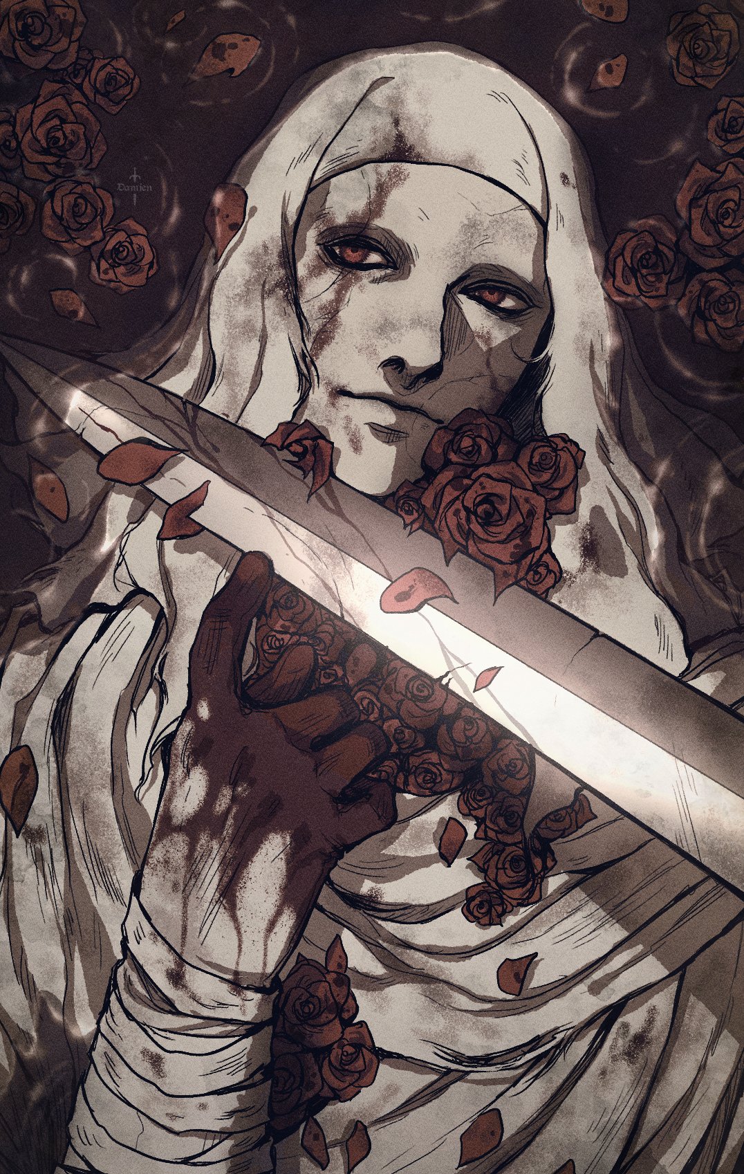 1boy blood blood_on_hands closed_mouth commentary damien_v_grimm elden_ring english_commentary flower gloves head_tilt highres male_focus mask red_eyes red_flower red_rose rose solo sword veil weapon white-faced_varre