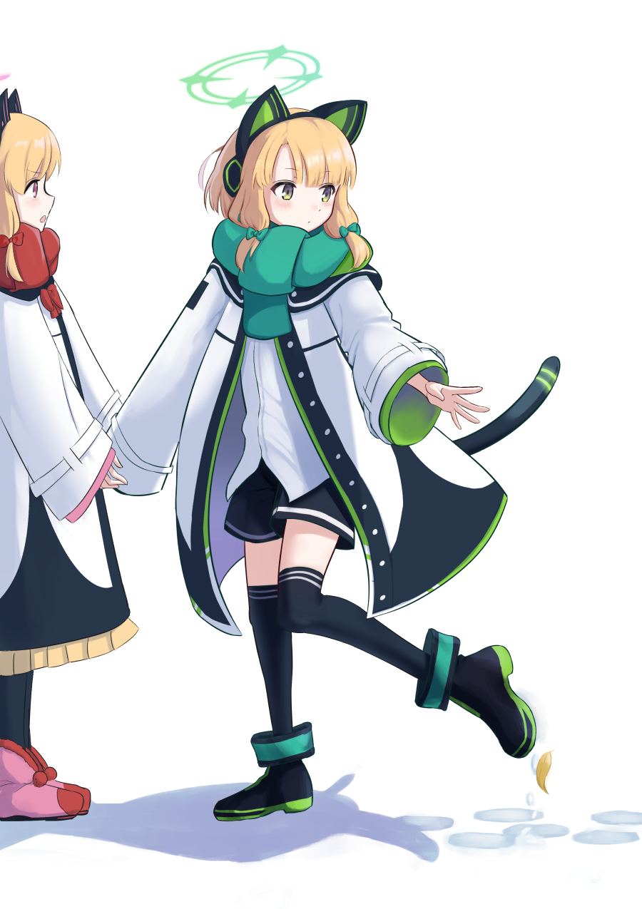 2girls black_footwear black_jacket black_legwear black_shorts blonde_hair blue_archive bow cat_ear_headphones cat_tail chestnut_mouth green_bow green_eyes green_scarf hair_bow halo headphones highres hilamehilame jacket leaf light_blush long_sleeves looking_to_the_side midori_(blue_archive) momoi_(blue_archive) multicolored_clothes multicolored_jacket multiple_girls official_alternate_costume open_clothes open_jacket red_bow red_eyes red_footwear red_scarf scarf shadow shirt shorts siblings simple_background sisters tail thigh-highs twins water white_background white_jacket white_shirt wide_sleeves
