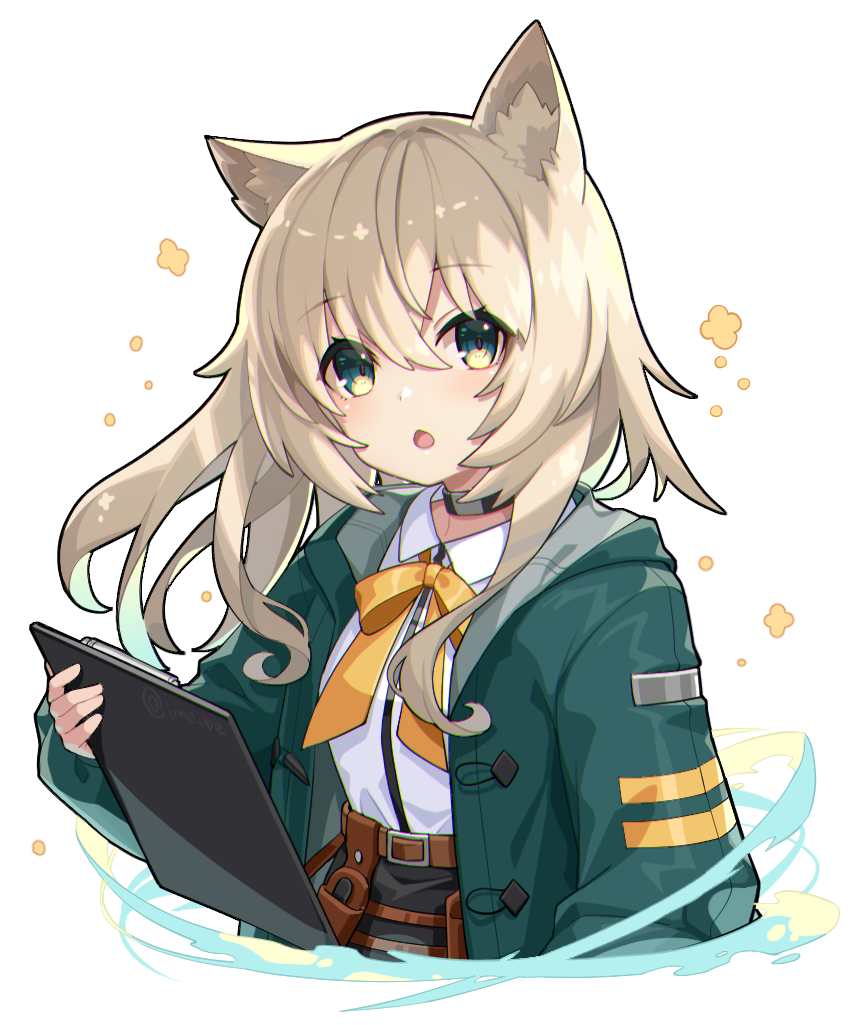 1girl :o animal_ear_fluff animal_ears arknights bangs belt belt_buckle blonde_hair blush bow bowtie buckle clipboard collared_shirt commentary_request cropped_torso dog_ears eyebrows_visible_through_hair green_eyes green_jacket hair_between_eyes holding holding_clipboard jacket long_hair long_sleeves looking_at_viewer open_clothes open_jacket open_mouth orange_bow orange_bowtie podenco_(arknights) satsuma_imohen shirt solo transparent_background twitter_username upper_body white_shirt
