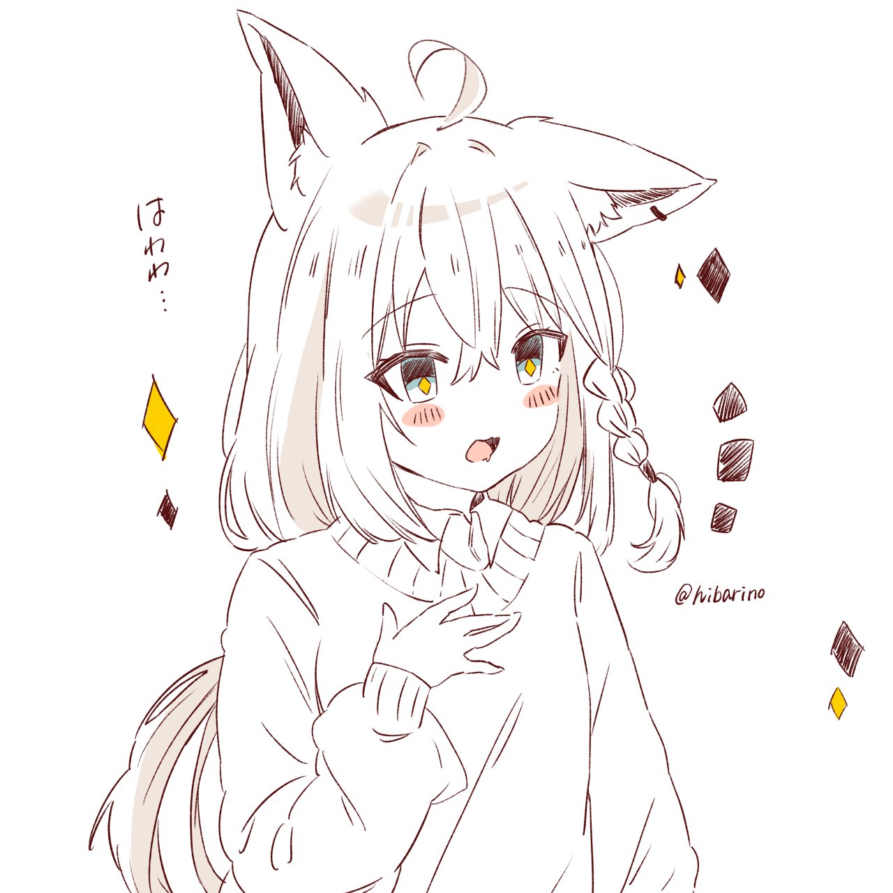 1girl ahoge animal_ear_fluff animal_ears bangs blush braid commentary_request earrings eyebrows_visible_through_hair fox_ears fox_girl hair_between_eyes hibarino_tuyuri highres hololive jewelry long_hair looking_at_viewer open_mouth shirakami_fubuki sidelocks simple_background single_braid solo sparkle sparkling_eyes sweater twitter_username virtual_youtuber white_background
