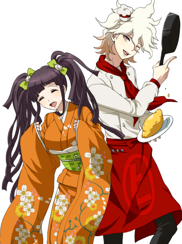 :d apron bangs bow brown_hair buttons cat_hair_ornament chef_hat chef_uniform clenched_hands cosplay danganronpa_(series) danganronpa_2:_goodbye_despair dosugon double-breasted feet_out_of_frame floral_print food frying_pan green_bow grey_background hair_bow hair_ornament hanamura_teruteru hanamura_teruteru_(cosplay) hat holding holding_frying_pan holding_plate japanese_clothes kimono komaeda_nagito long_sleeves multicolored_hair neckerchief omelet orange_kimono plate red_apron red_neckerchief saionji_hiyoko saionji_hiyoko_(cosplay) simple_background smile teeth tongue tsumiki_mikan twintails two-tone_hair upper_teeth white_hair wide_sleeves